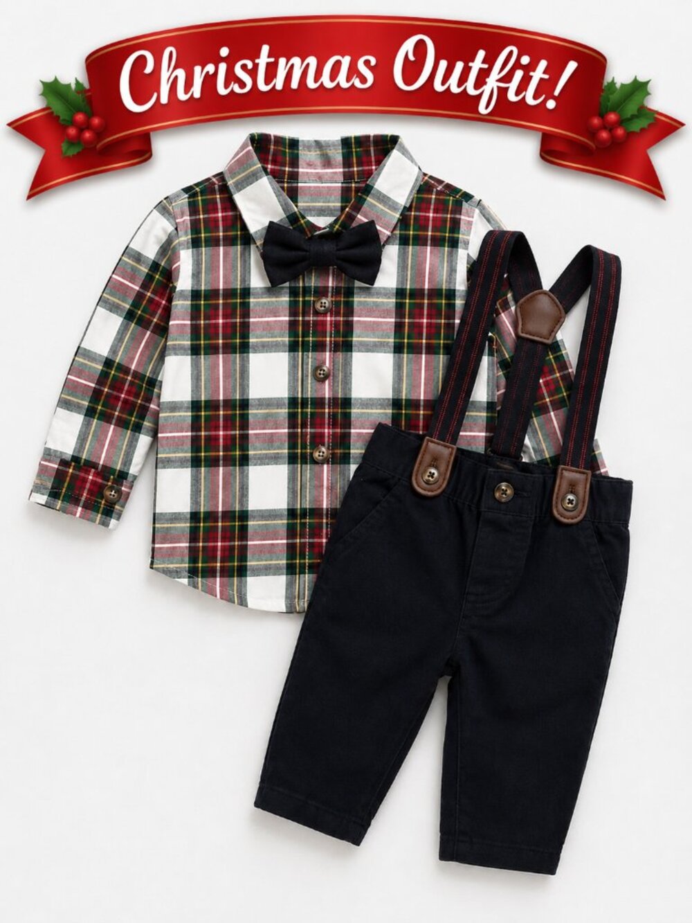 NWT Carter's Baby Boy 2 Piece Christmas Outfit Plaid Shirt Suspenders Holiday
